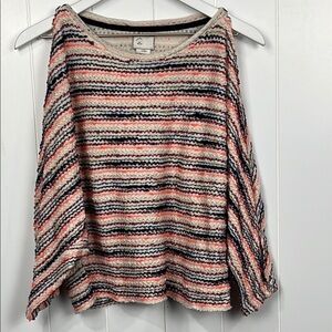 Anthropologie Postmark Womens Crop Sweater M Red Orange Stripes Peekaboo Sleeve